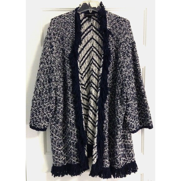 Lane Bryant Cardigan Sweater Wn 26/28 Blue White Striped Open Front Fringe Boho - Picture 1 of 11